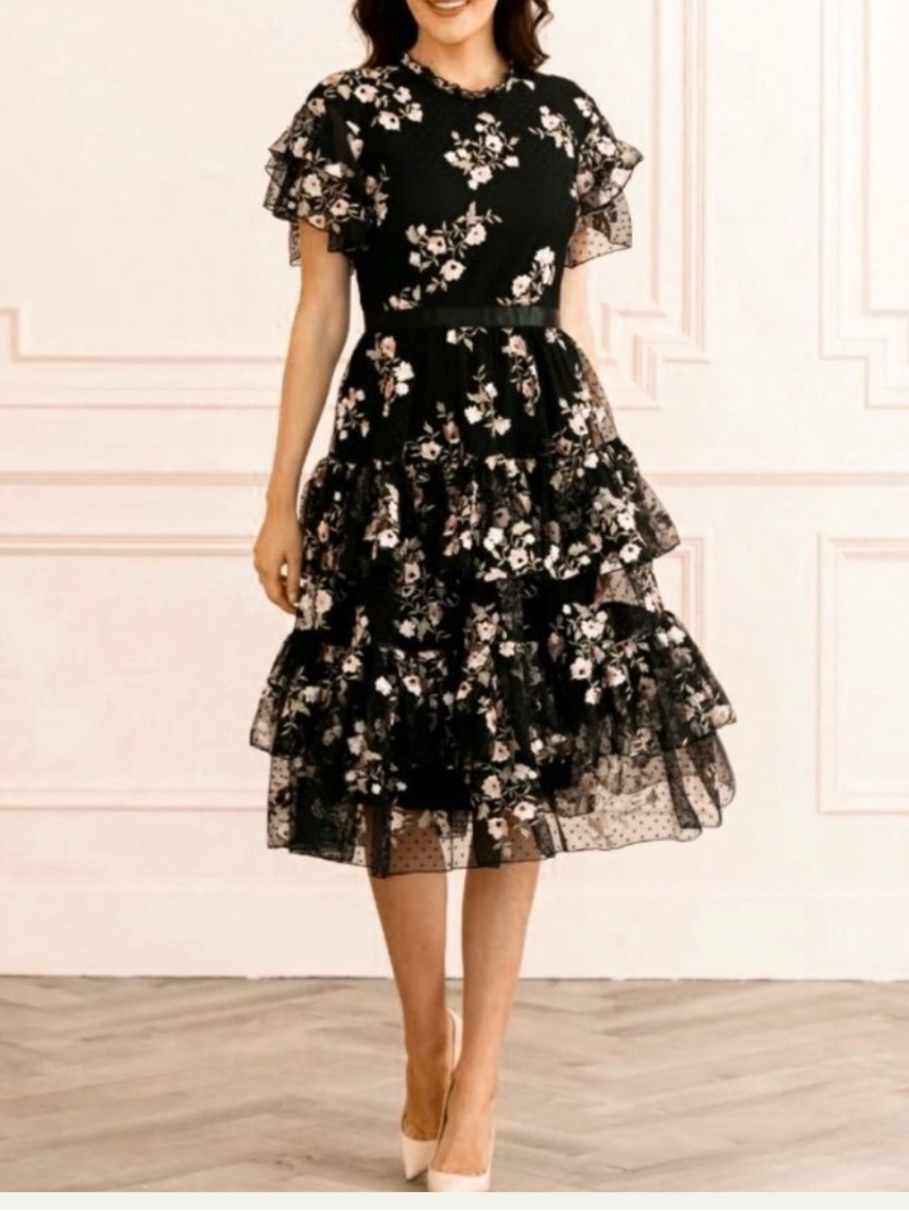 Rachel Parcell Rachel Parcell Embroidered Tiered Mesh Dress Medium